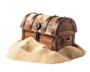 A wooden chest with a lock on it is sitting on a sandy beach