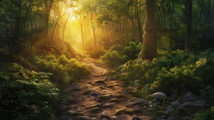 Obraz premium The setting sun casts a warm golden glow through the foliage of a forest highlighting a meandering trail bordered with greenery and rocks The tranquil scene evokes a sense of peace and the beauty o