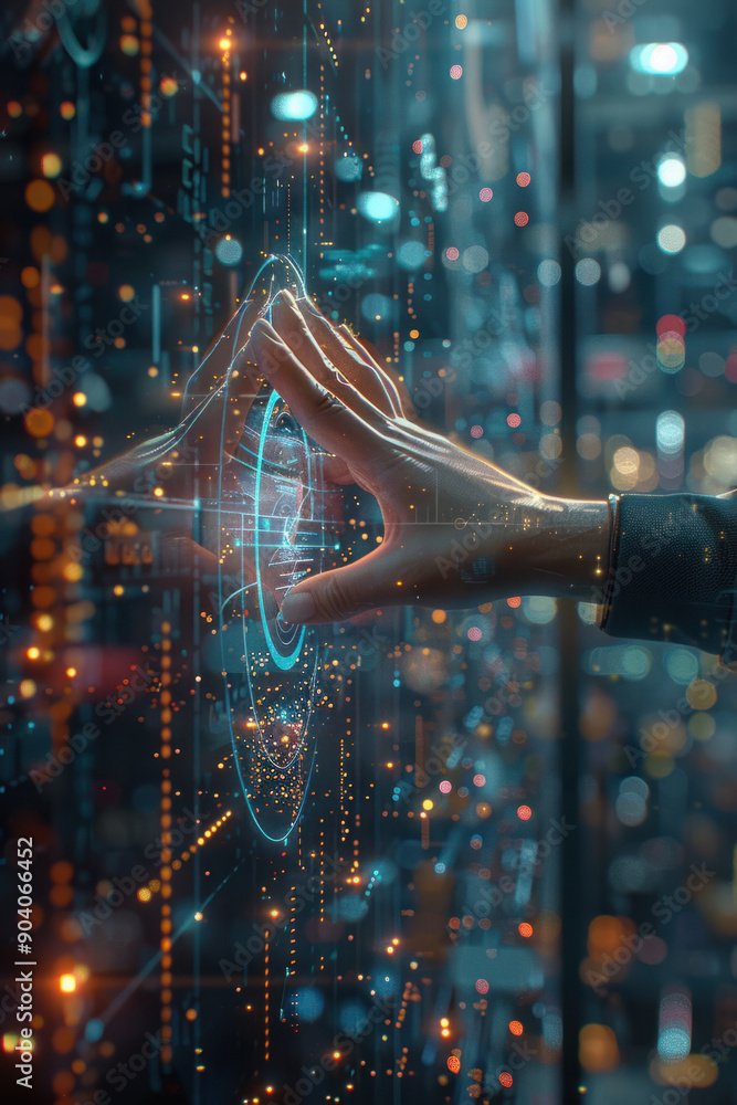 Poster cyber security, a hand glides over a sparkling hologram representing digital security protocols, set