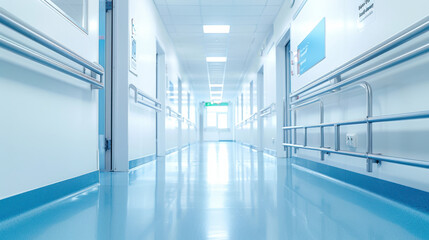 Medical Background,  A quiet hospital hallway with no foot traffic, showcasing a long stretch of polished linoleum floor. Metal handrails line the walls, and a series of room