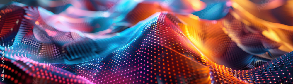 Poster technology background, a series of three-dimensional geometric patterns form a captivating web, conv