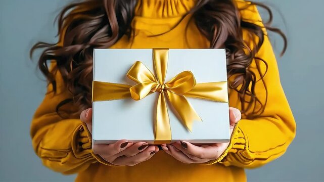 Woman in yellow sweater holds a gift box with a golden ribbon.