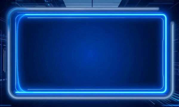 Neon Circuit Frame: Futuristic blue glowing neon frame on a tech background, ideal for digital displays and presentations. 