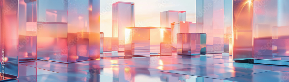 Poster abstract background, a stunning display of translucent geometric shapes glistening with iridescent t