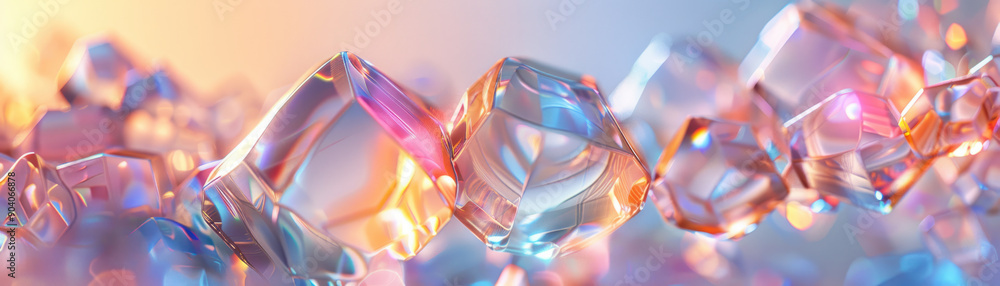 Poster Abstract background,  A stunning display of translucent geometric shapes glistening with iridescent tones against a neutral backdrop. The open area in the center is designed for