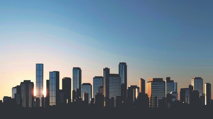 Obraz premium A panoramic silhouette of a modern city skyline is shown at sunset, highlighting various high-rise buildings with a background of a clear evening sky.