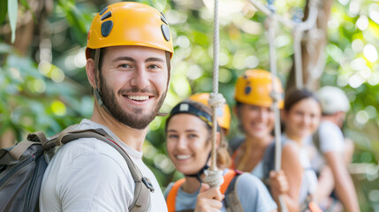 business achievement, A smiling group of employees participating in a fun outdoor team-building activity, completing a ropes course against a backdrop of lush greenery, promoting