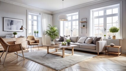 Elegant minimalist interior with neutral tones, plush rug, and modern furnishings in a bright, airy, and tidy Scandinavian-inspired space.