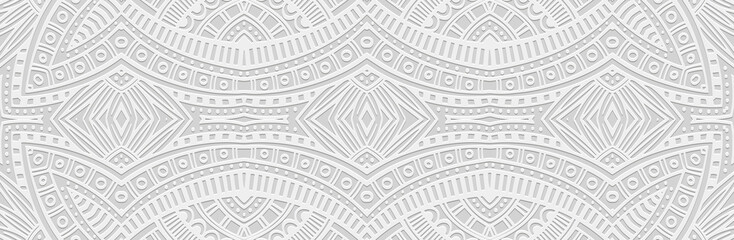 Banner, cover design. Relief geometric decorative 3D pattern on a white background, embossing. Ethnic ornaments, arabesques, handmade. Tribal motifs of the East, Asia, India, Mexico, Aztec, Peru.