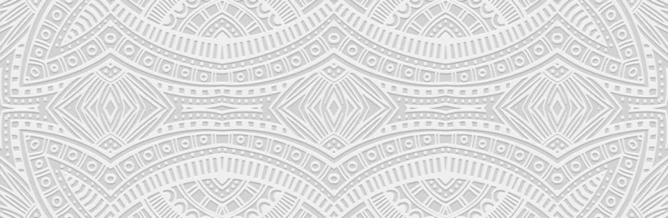Fototapeten Afrikanische Motive Banner, cover design. Relief geometric decorative 3D pattern on a white background, embossing. Ethnic ornaments, arabesques, handmade. Tribal motifs of the East, Asia, India, Mexico, Aztec, Peru.  ©  swetazwet