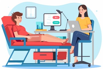 Blood donation process with female donor representing healthcare medical care and community support in a professional setting