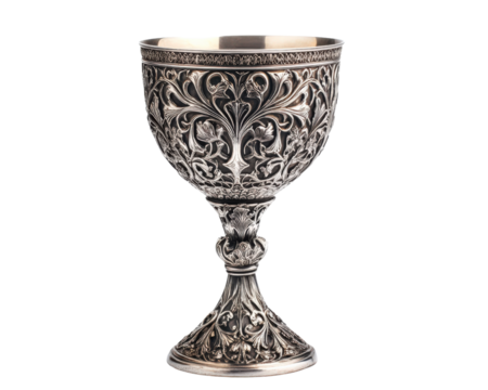 A silver cup with a floral design sits on a white background