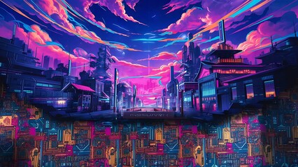 Anime cartoon neon game background, app gaming background sky with clouds and bright cyberpunk colours, colourful bg background wallpaper