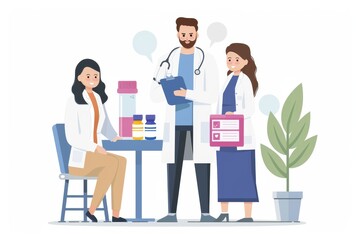 Doctors discussing medical research with medication bottles representing healthcare medical expertise and teamwork in a professional setting