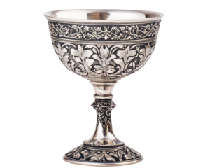 A silver cup with a floral design sits on a white background
