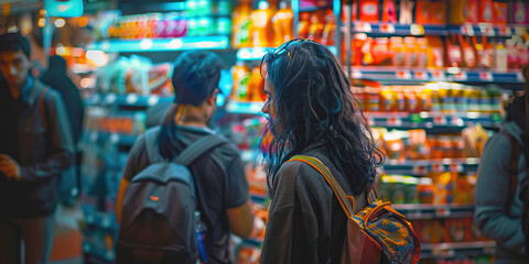 Fototapeta premium Shopper Sensations: Customers react to new products, discussing their likes and dislikes with each other.