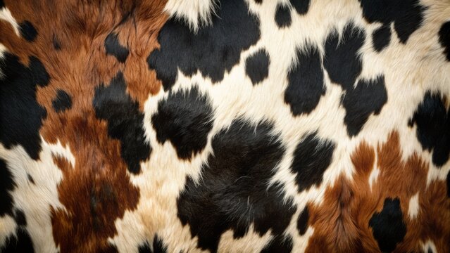 Rustic grunge texture featuring spotted black and white cowhide with natural fur and rough skin, farm animal rustic background.