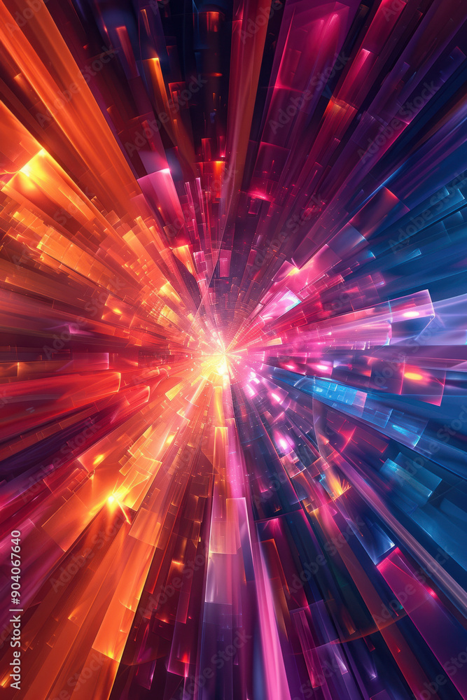 Poster Abstract background,  Flowing translucent geometries, infused with iridescent colors, create a striking and modern background radiating from the center. The blank space allows for