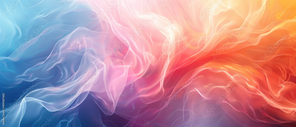 Poster abstract background, flowing translucent geometries, infused with iridescent colors, create a striki