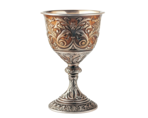 A silver cup with a floral design sits on a white background