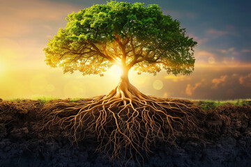 Symbol of Sustainability, Tree with Roots and Leaves, A large healthy tree with expansive roots and lush foliage