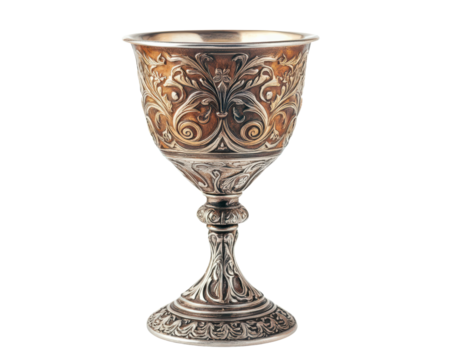 A silver cup with a floral design sits on a white background