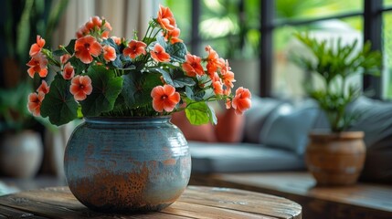 A vibrant vase filled with flowering begonias on a rustic wooden table in a cozy living room setting. © Vladimir