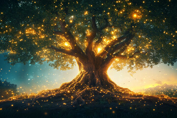 Symbol of Sustainability, Tree with Roots and Leaves, A large healthy tree with expansive roots and lush foliage