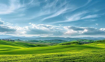 Fototapeta premium Rolling green fields extending to the horizon, with picturesque mountains and a sky filled with beautiful, textured clouds