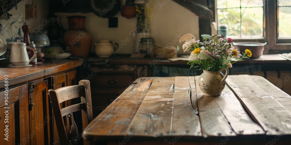Aufkleber An empty wood table in a quaint country cottage, offering a charming and nostalgic setting