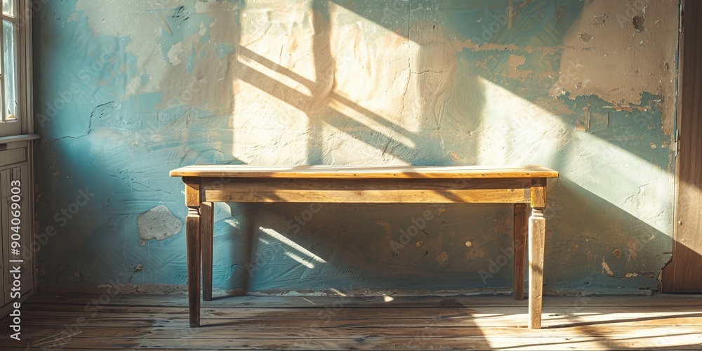 Poster a rustic empty wood table in a sunlit room, casting soft shadows and inviting a sense of tranquility