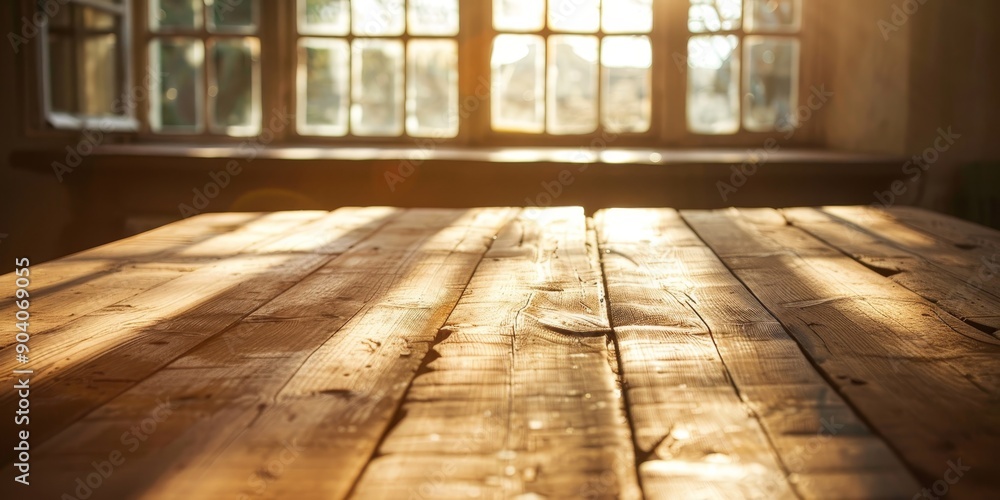 Fototapete A rustic empty wood table in a sunlit room, casting soft shadows and inviting a sense of tranquility and simplicity