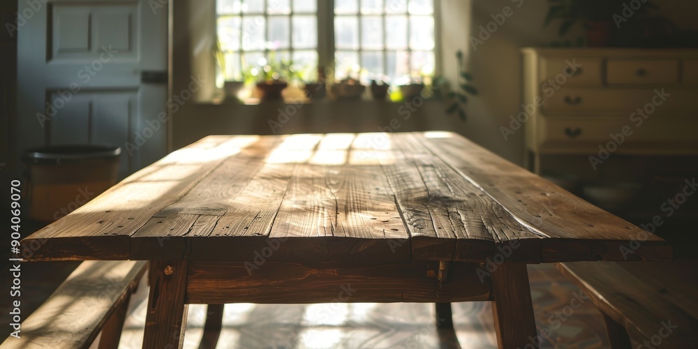 Poster a rustic empty wood table in a sunlit room, casting soft shadows and inviting a sense of tranquility