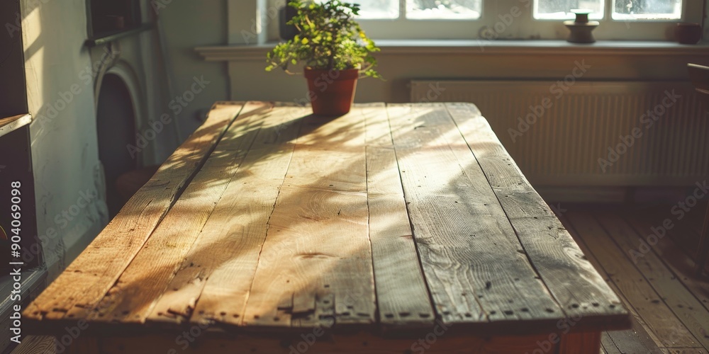 Leinwandbilder a rustic empty wood table in a sunlit room, casting soft shadows and inviting a sense of tranquility