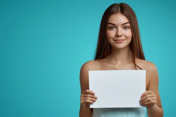 Naklejka premium a beautiful young girl holding up a blank piece of paper - studio portrait on blue background - mockup template