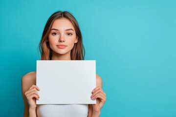 Naklejka premium a beautiful young girl holding up a blank piece of paper - studio portrait on blue background - mockup template