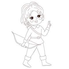 Charming coloring pages featuring a cute girl archer in a fairy tale setting. Ideal for activity coloring books, these hand-drawn designs combine fantasy and archery themes