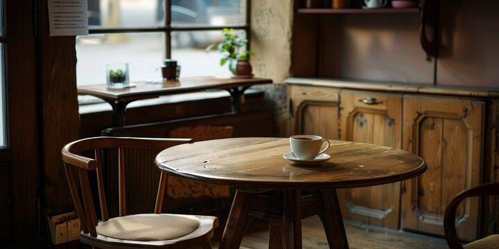 An empty wood table in a cozy cafT, waiting for customers to enjoy their coffee and pastries