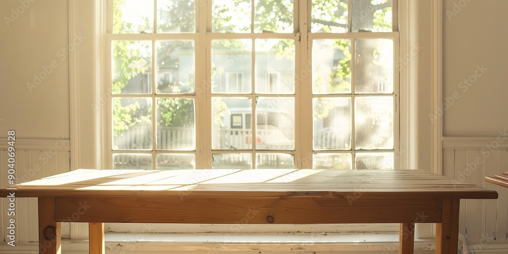 Poster an empty wood table by a large window, bathed in natural light and offering a perfect spot for readi