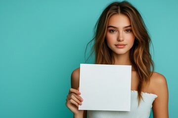 Naklejka premium a beautiful young girl holding up a blank piece of paper - studio portrait on blue background - mockup template