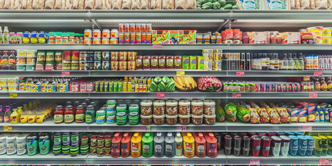 Clean and Organized: A pristine supermarket shelf with various groceries.