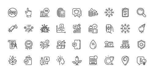 Lamp, Sun protection and Verification document line icons pack. AI, Question and Answer, Map pin icons. Card, Stop stress, Phone message web icon. Vector