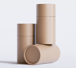 Brown Paper tube package mockups isolated on white background. Blank craft carton circular realistic tube texture. Cylindrical container with cap for product branding 