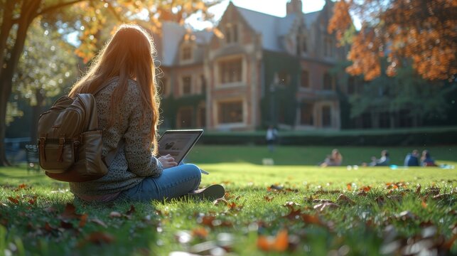 Student Studying Outdoors on Campus Lawn
