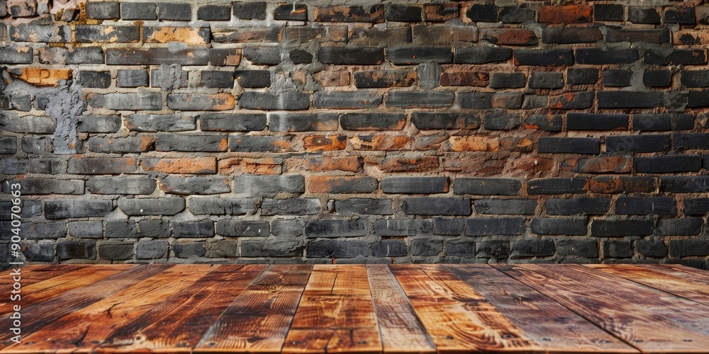 Poster an empty wood table set against a brick wall, creating a contrast between natural textures and indus