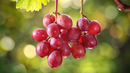 A cluster of red grapes dangling from a branch