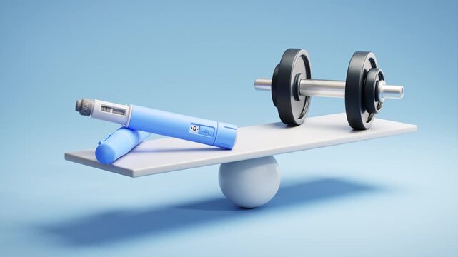 Two dosing pens of a fictitious semaglutide drug (GLP-1) on a scale facing a dumbbell. Concept for alternative ways to loose weight. Scale moving, Camera panning