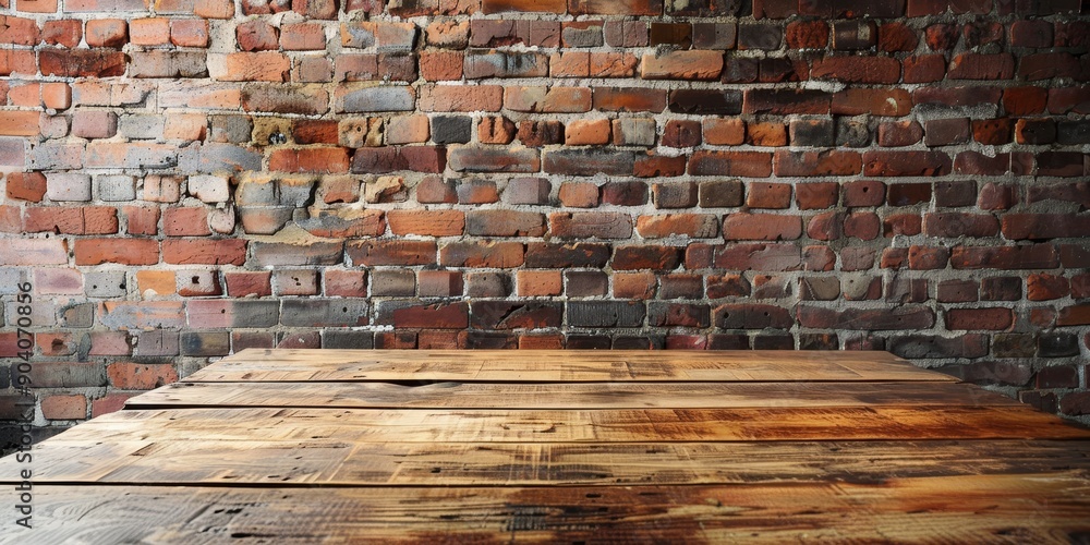 Poster an empty wood table set against a brick wall, creating a contrast between natural textures and indus