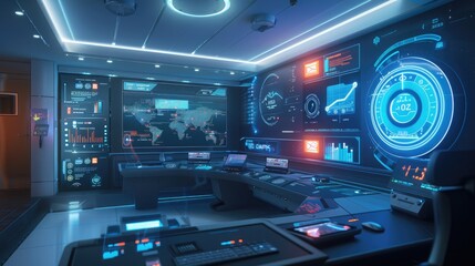 Obraz premium A futuristic control room for a smart home, featuring an energy management system with touchscreens displaying real-time energy data.