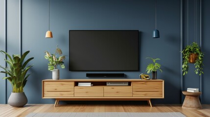 A smart TV with a blank black screen, mounted on a contemporary living room wall